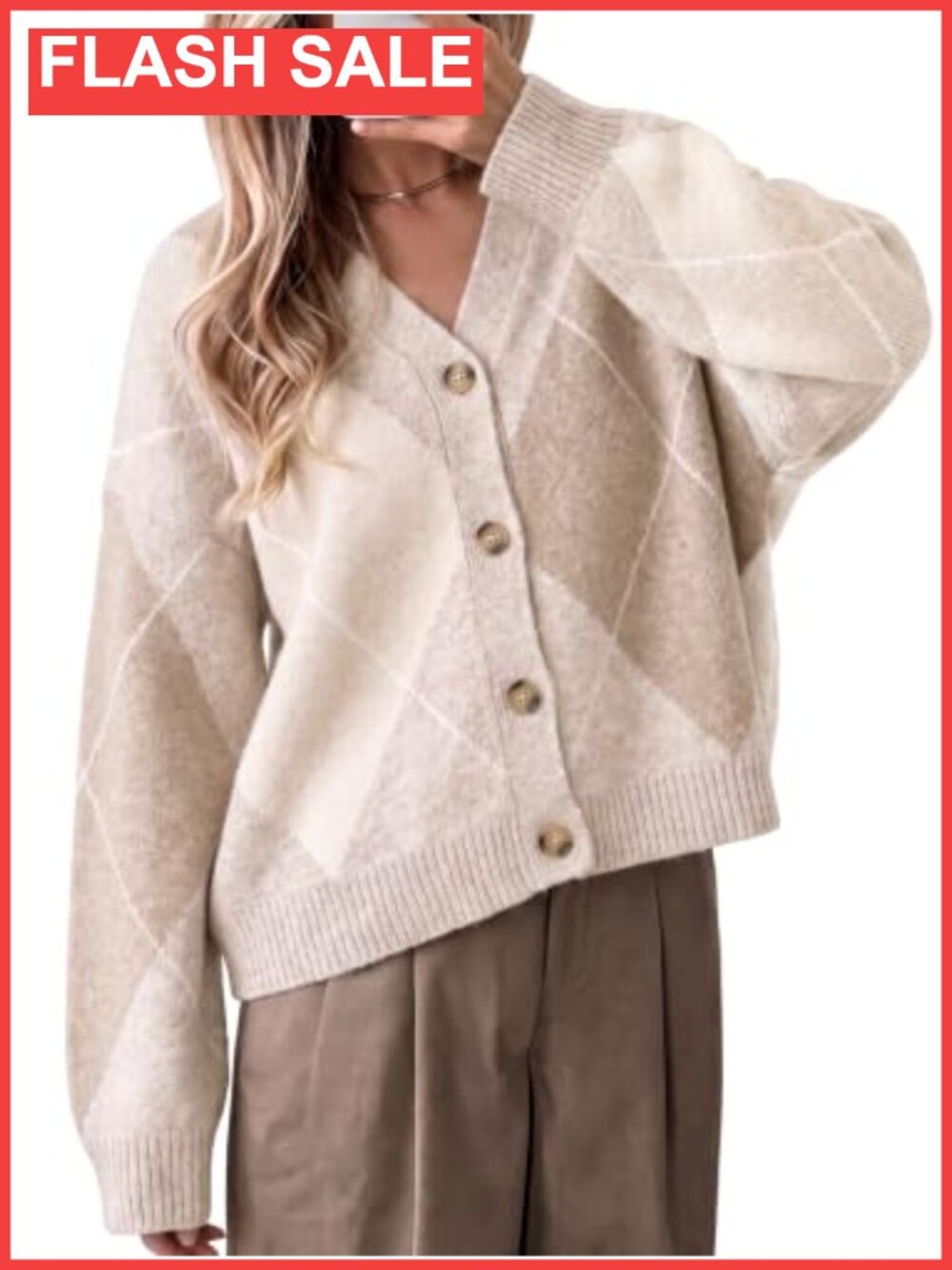 Plaid Color Block Cardigan Long Sleeve V Neck Loose Knit Sweater